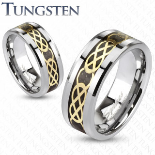 Bague mixte en tungstne et fibre de carbone avec tresse dore