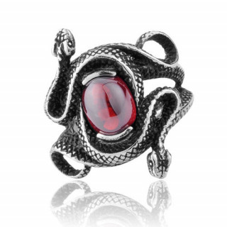 Bague mixte gothique en acier avec serpents et pierre ovale rouge