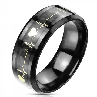 Bague mixte noire en acier à électrocardiogramme d'amour