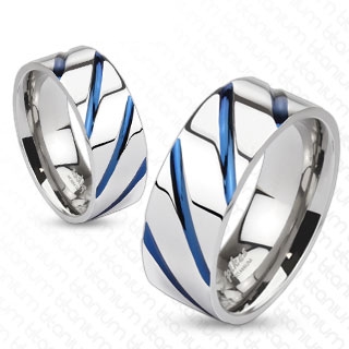 Bague mixte titane à striures bleue courbées