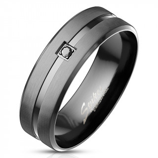 Bague noire homme acier  rainure sertie