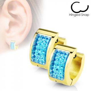 Boucles créoles dorées à rectangle de strass bleus aqua