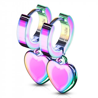 Boucles d'oreille arc en ciel acier  pendentif coeur (paire)