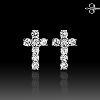 Paire de boucles d'oreille croix serties en argent