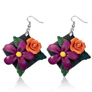 Boucles d'oreilles  carr de fleurs violettes et oranges avec feuilles