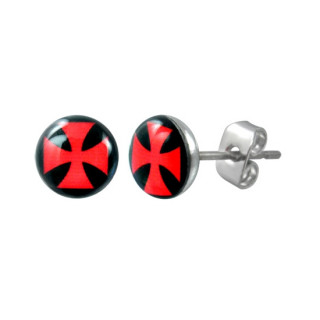 Boucles d'oreilles  croix de Malte rouge sur fond noir