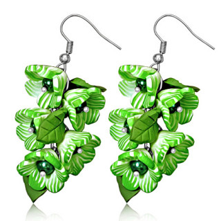 Boucles d'oreilles  feuilles et fleurs vertes perles suspendues
