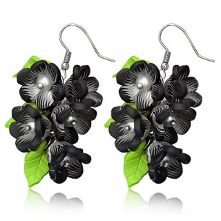 Boucles d'oreilles  feuilles vertes et fleurs noires perles