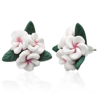 Boucles d'oreilles  fleurs roses ples et feuilles en fimo