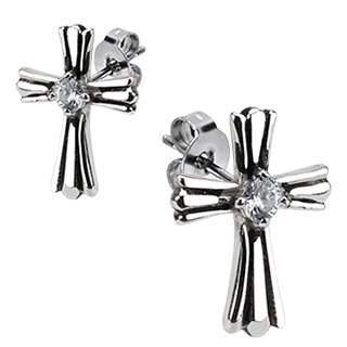 Boucles d'oreilles acier croix latines serties