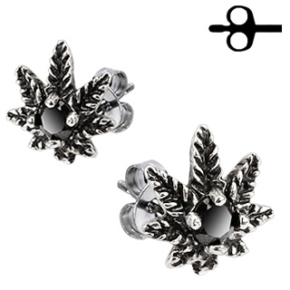 Boucles d'oreilles acier feuille de cannabis  pierre noire