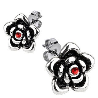 Boucles d'oreilles acier fleurs  pierre rouge au centre