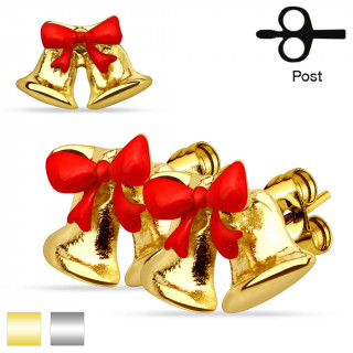 Boucles d'oreilles cloches de Noel / Paques avec ruban rouge (paire)