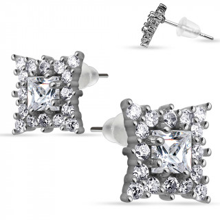 Boucles d'oreilles en argent 925 avec carr concave multi-strass