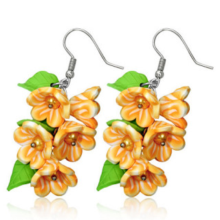 Boucles d'oreilles fantaisie à fleurs oranges et feuilles