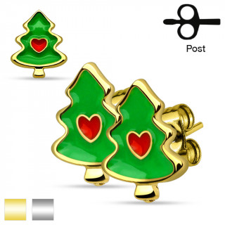 Boucles d'oreilles sapin de noel avec coeur rouge (paire)