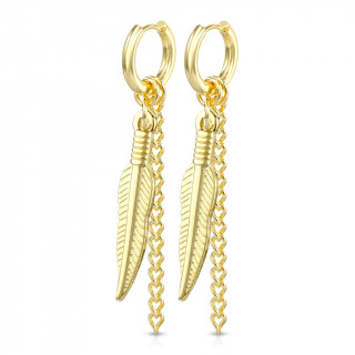 Boucles d'oreille acier dores  pendentifs plume et chainette (paire)