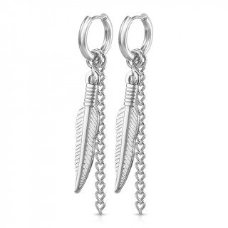 Boucles d'oreille acier inox  pendentifs plume et chainette (paire)