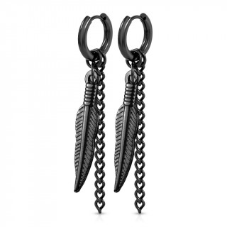 Boucles d'oreille acier noires  pendentifs plume et chainette (paire)