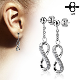 Boucles d'oreille acier  symbole infini  strass en pendentif