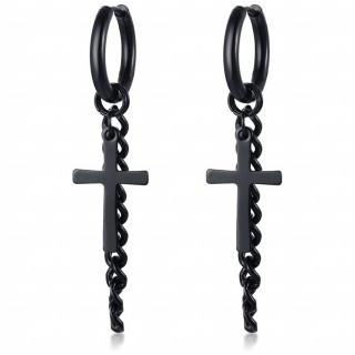 Boucles d'oreilles acier à croix et chaîne noires (Paire)