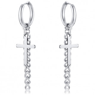 Boucles d'oreilles acier à croix et chaîne (Paire)