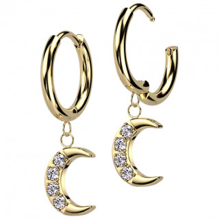 Boucles d'oreilles acier dor  lune suspendue sertie de zirconiums (paire)