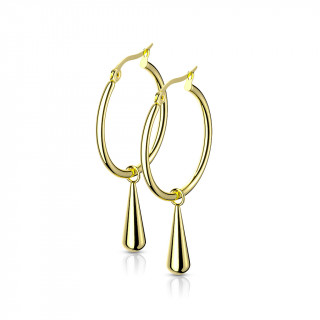 Boucles d'oreilles acier dores  anneau et goutte suspendue (paire)