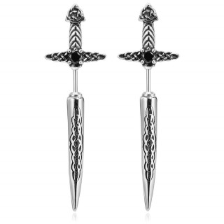 Boucles d'oreilles acier en forme d'épée celtique à pierre noire (Paire)