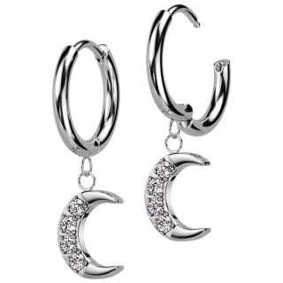 Boucles d'oreilles acier  lune suspendue sertie de zirconiums (paire)