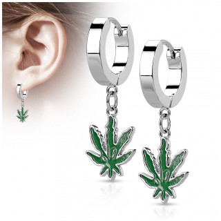 Boucles d'oreilles anneaux acier  pendentif feuille de cannabis (paire)