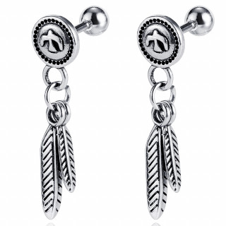 Boucles d'oreilles barbell vintages à plume en acier (Paire)