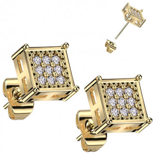 Boucles d'oreilles carres dores paves de zirconiums en acier
