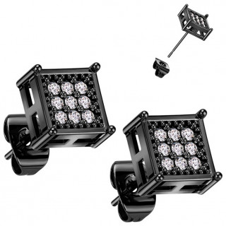 Boucles d'oreilles carres noires paves de zirconiums en acier