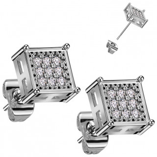 Boucles d'oreilles carres paves de zirconiums en acier