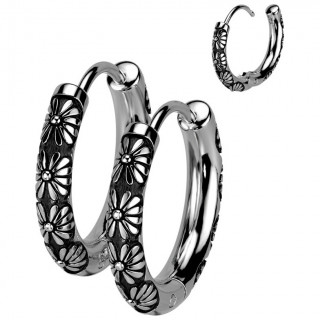 Boucles d'oreilles créoles à fleurs en acier (paire)