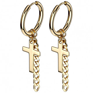 Boucles d'oreilles dores en acier  croix latine et chaine suspendues