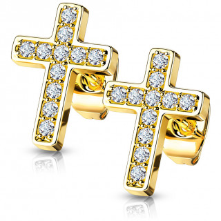 Boucles d'oreilles dores en acier  croix latine pave de zirconiums