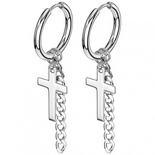 Boucles d'oreilles en acier  croix latine et chaine suspendues