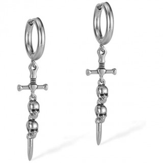 Boucles d'oreilles en acier � pendentifs �p�e et cranes (paire)