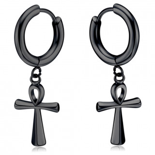 Boucles d'oreilles homme noires  croix gyptienne Ankh en acier (paire)