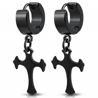 Boucles d'oreilles noires en acier  croix suspendue (paire)