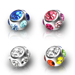 Boule multi-strass en acier pour piercing (remplacement  - pour tige 1,6mm)