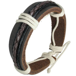 Bracelet  bande de cuir marron, tresse et cordes blanches