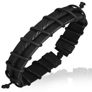 Bracelet  bande de cuir noir entoure de cordes