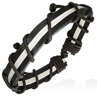 Bracelet  bande de cuir noire et blanche entrelace de corde