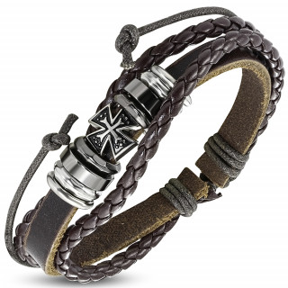 Bracelet  bande et tresses de cuir avec croix de Malte