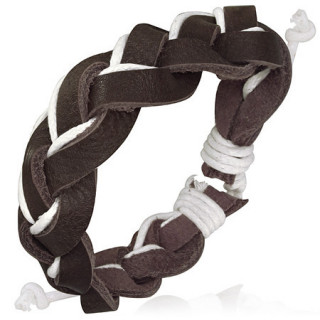 Bracelet  bandes de cuir marron tresses entrelac de corde blanche