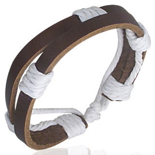 Bracelet à deux bandes de cuir marron avec cordes blanches