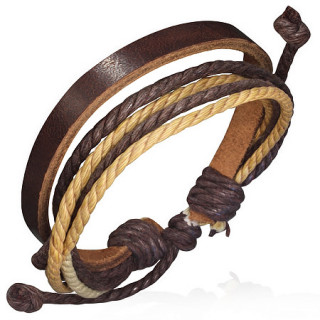 Bracelet  fine lanires de cuir marron avec cordage deux tons